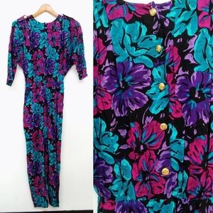 Vintage 80s Floral Rayon Jumpsuit Purple Magenta & Teal Blue